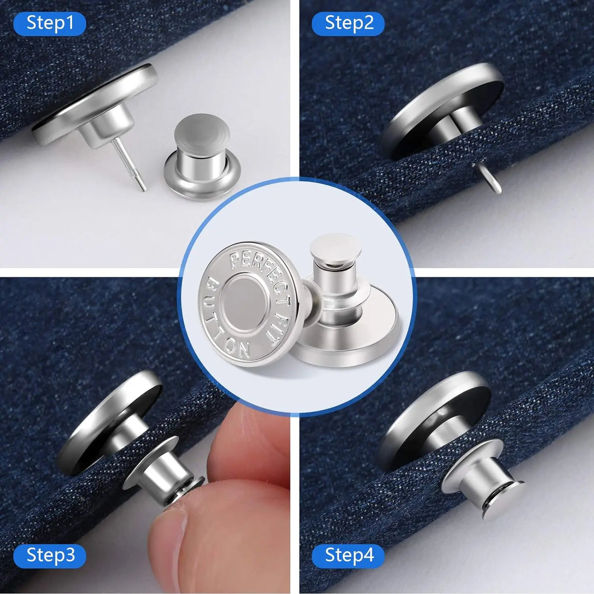 Four steps showing how to use durable metal button pins for clothing repair and customization