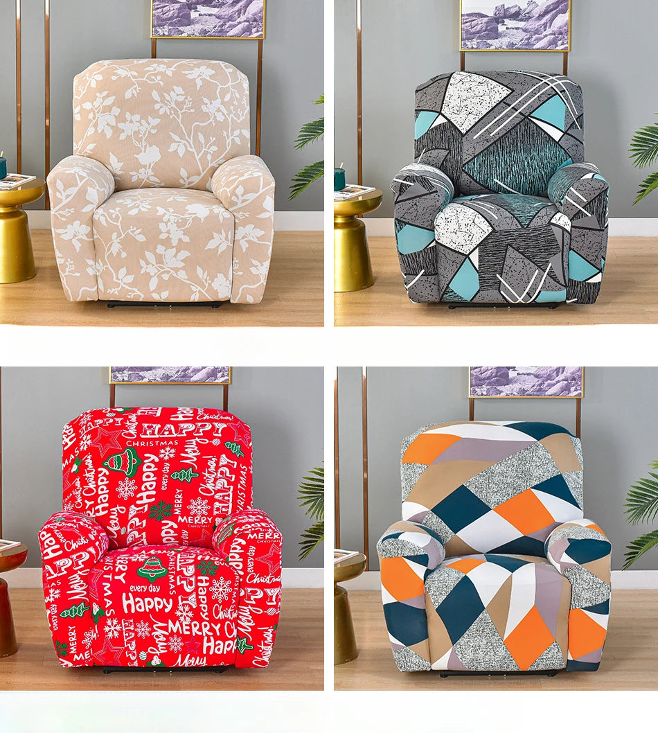 A set of three upholstered slipcovers featuring floral, geometric, and patterned fabrics for a recliner or sofa.