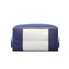 A navy blue portable storage bag with a white quilted insert for clothing or quilts.