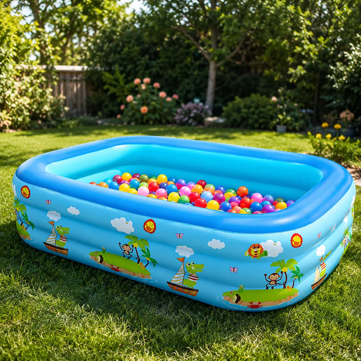 A blue inflatable pool filled with colorful balls is placed on green grass in a backyard setting.