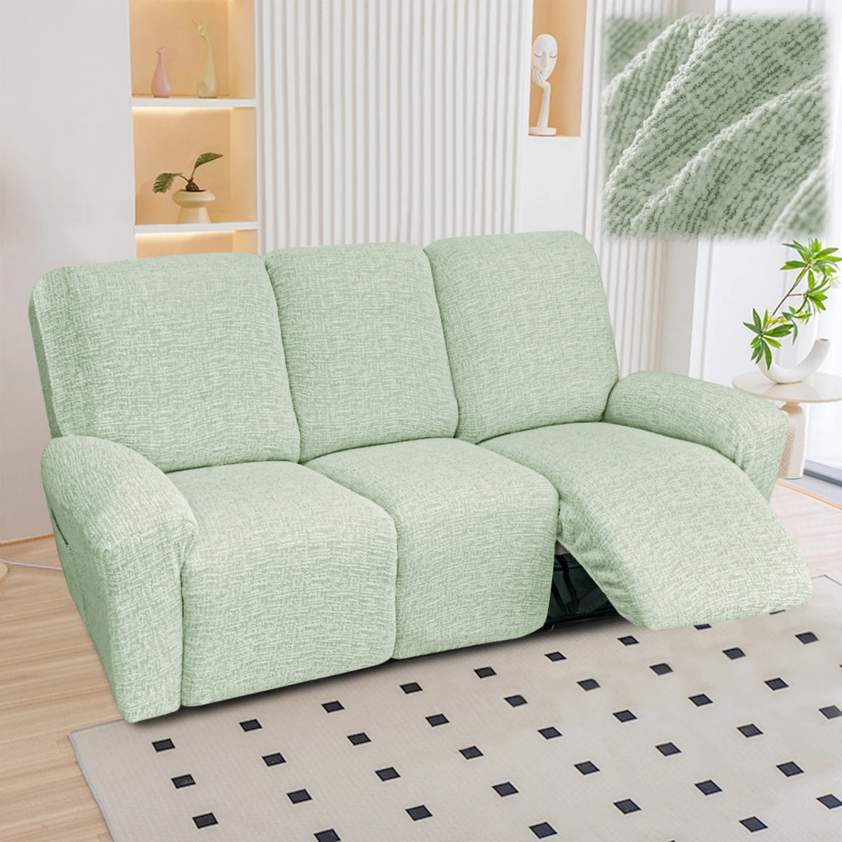 Light green heavy-duty chenille recliner sofa slipcover on a floor.