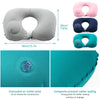 A set of silicone inflatable neck pillows in pink, navy blue, and teal colors showing the design and sealing features.