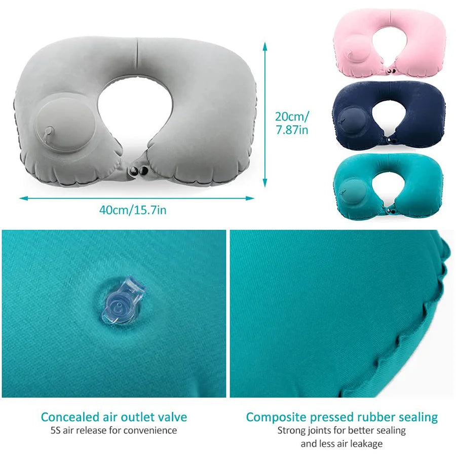A set of silicone inflatable neck pillows in pink, navy blue, and teal colors showing the design and sealing features.