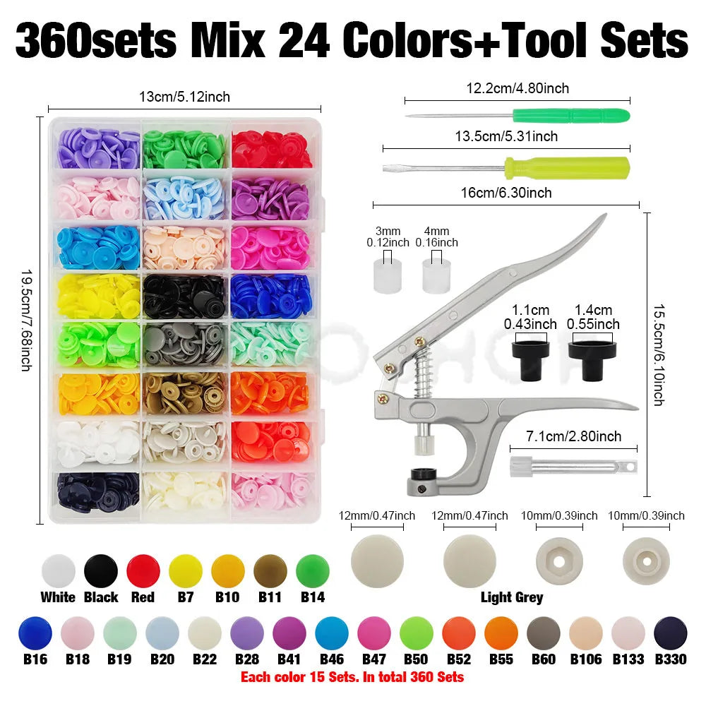 A variety of 360 sets of resin buttons and tool kits in various colors and sizes for DIY sewing and crafting