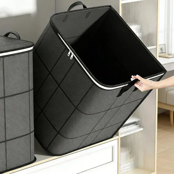 A black foldable storage bag with a zippered opening is shown next to a vertical storage container.