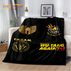 Black flannel throw blanket featuring a gold-toned design with the text WU-TANG AGAIN