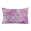 A square pillowcase featuring a vibrant pink and purple floral print with intricate paisley designs.