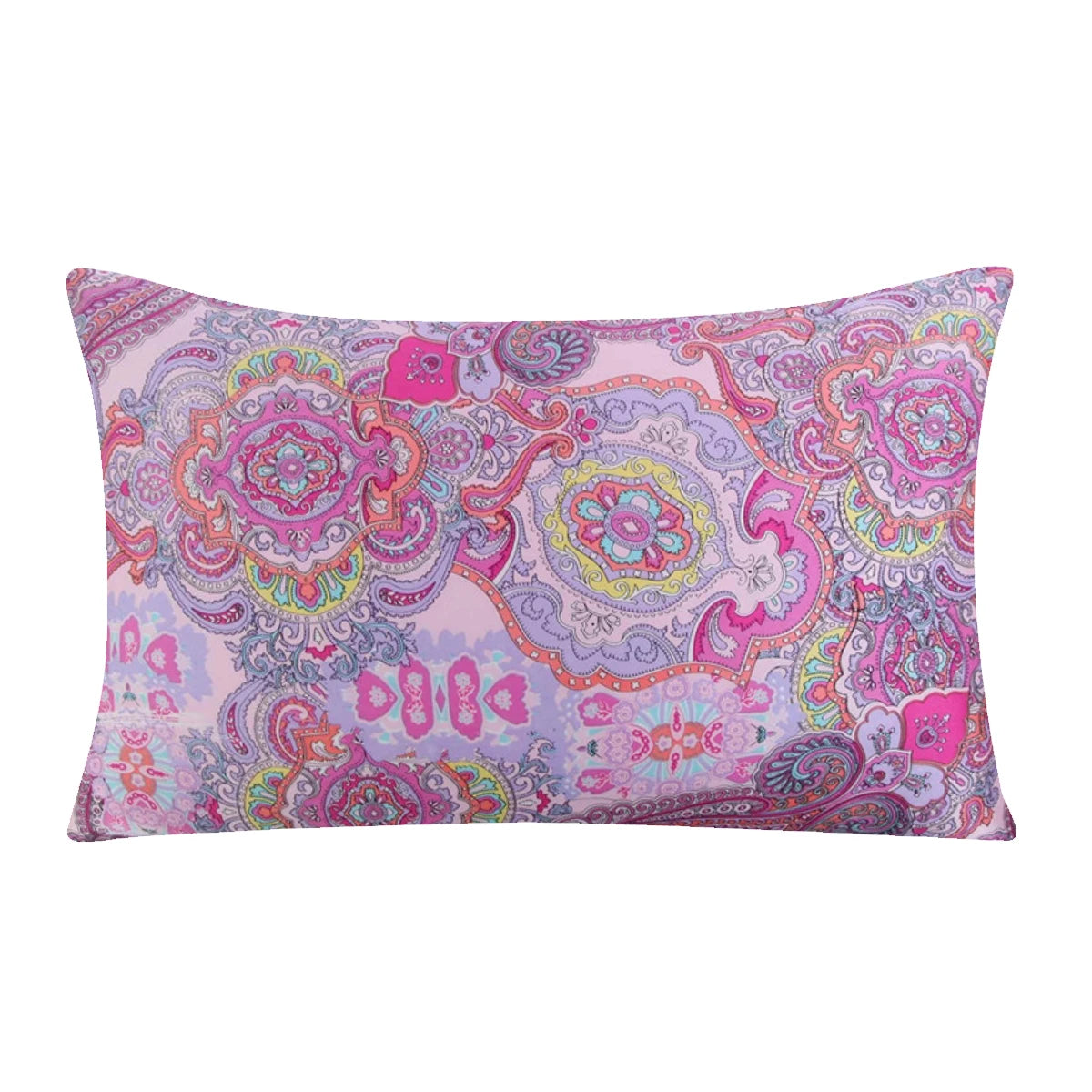 A square pillowcase featuring a vibrant pink and purple floral print with intricate paisley designs.