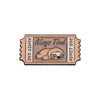 A vintage enamel lapel pin featuring a design with the text Always Tired and Admit One.