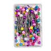 A clear plastic container filled with 100 colorful pearl head sewing pins for dressmaking and DIY projects.
