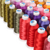 A collection of high tenacity machine embroidery thread spools in various shades of green, purple, pink, and orange.