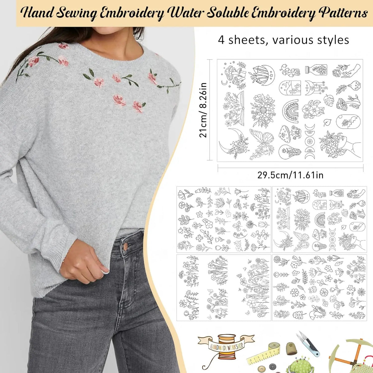A gray sweatshirt featuring various water-soluble embroidery patterns and a collection of embroidery sheets.