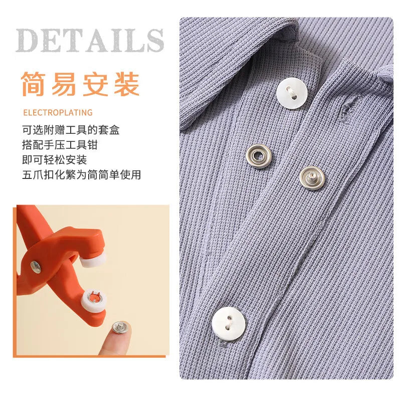 Close-up of a light purple shirt showing various metal and plastic snap buttons used for DIY sewing