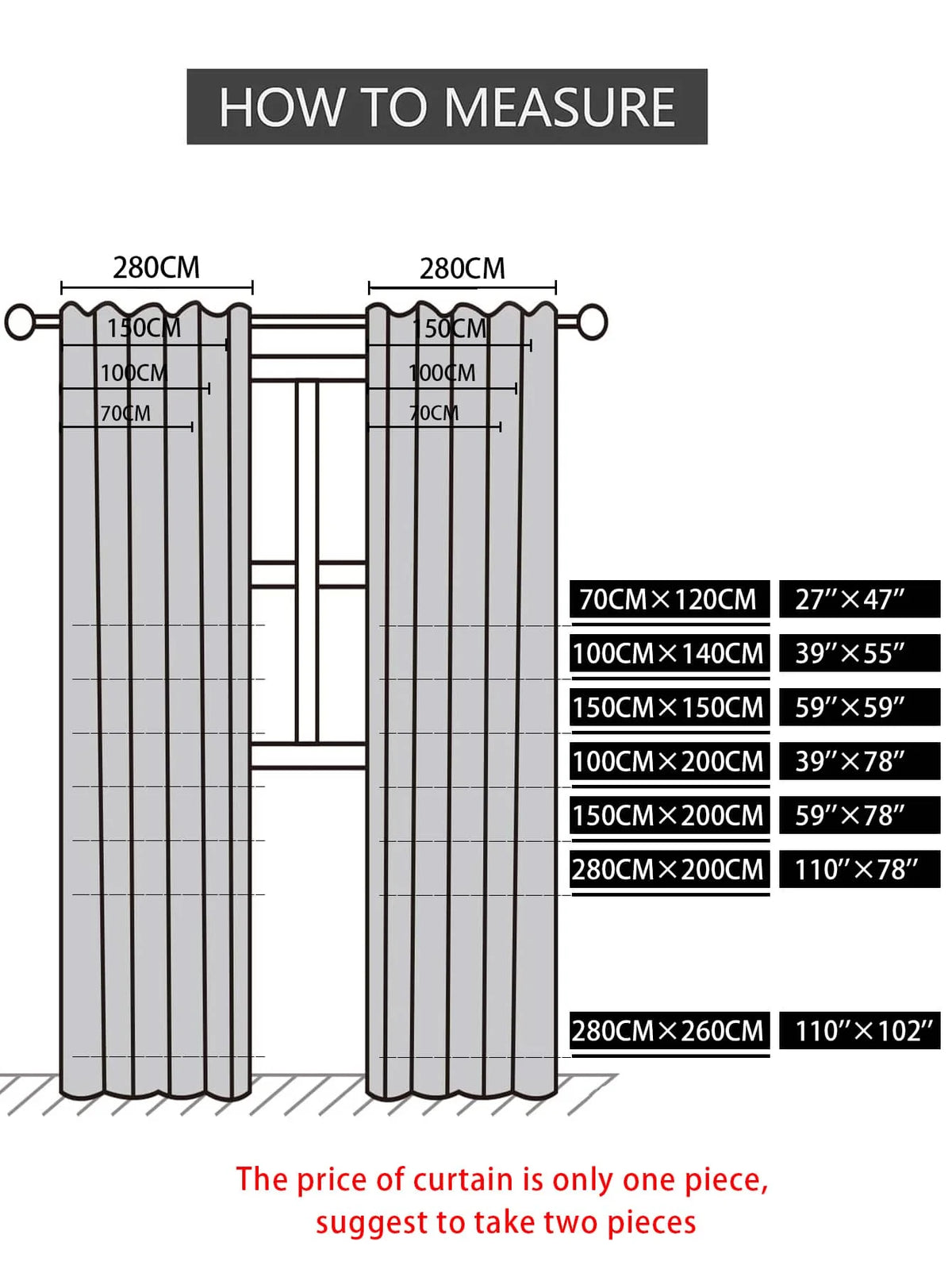 Diagram showing how to measure a curtain panel, illustrating various height and width dimensions.