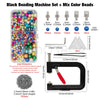 A set of black beading machine, mixed color beads, and rivets for creating beadwork.