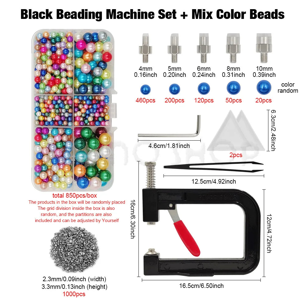 A set of black beading machine, mixed color beads, and rivets for creating beadwork.