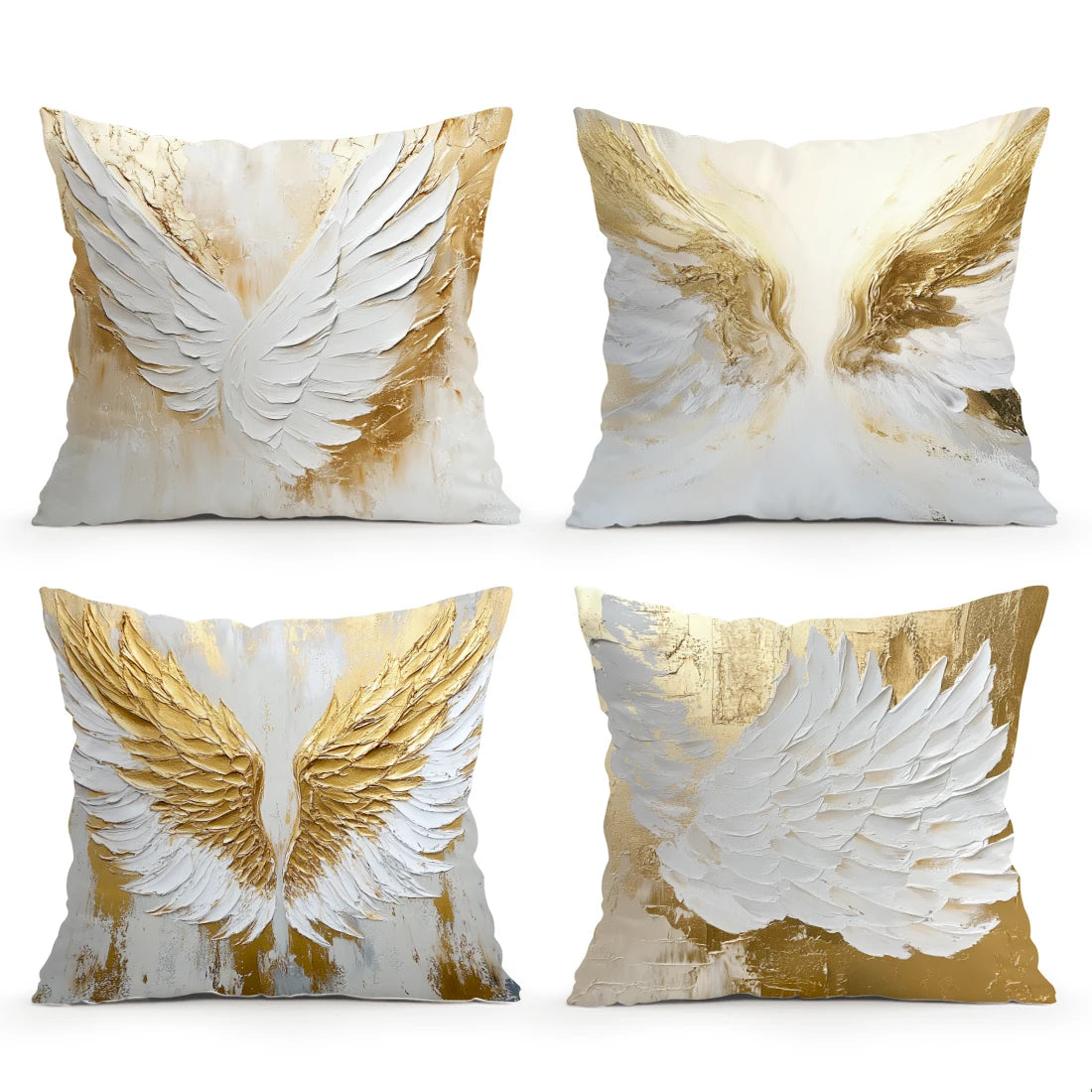 Decorative throw pillow covers featuring white and gold wing designs.