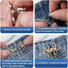 Step-by-step instructions showing how to install an adjustable leaf clover waist tightener on pants.