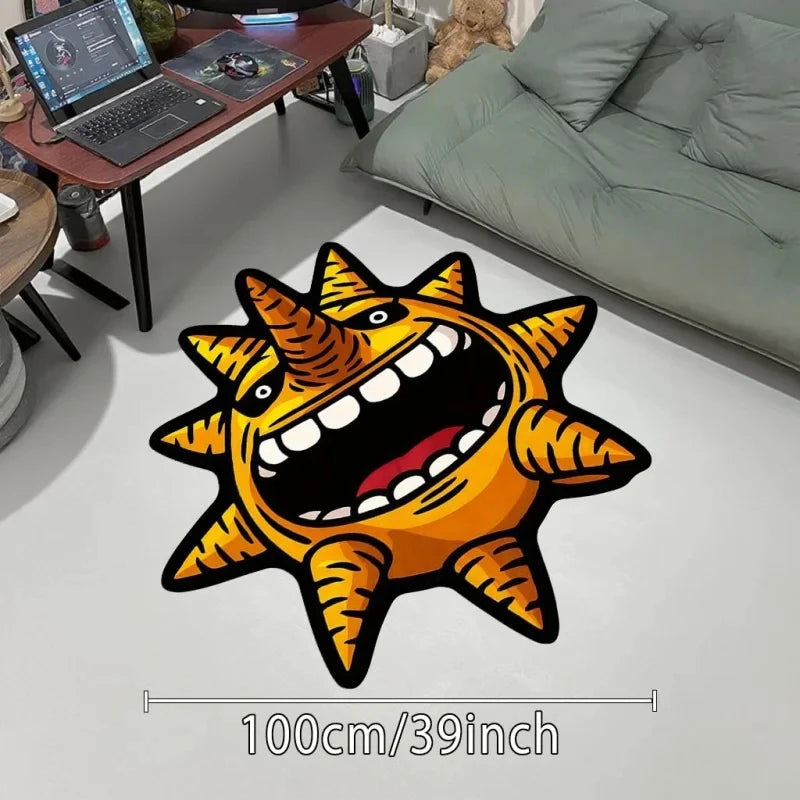 A bright orange sun motif floor mat measuring 100cm or 39inch for home decor.