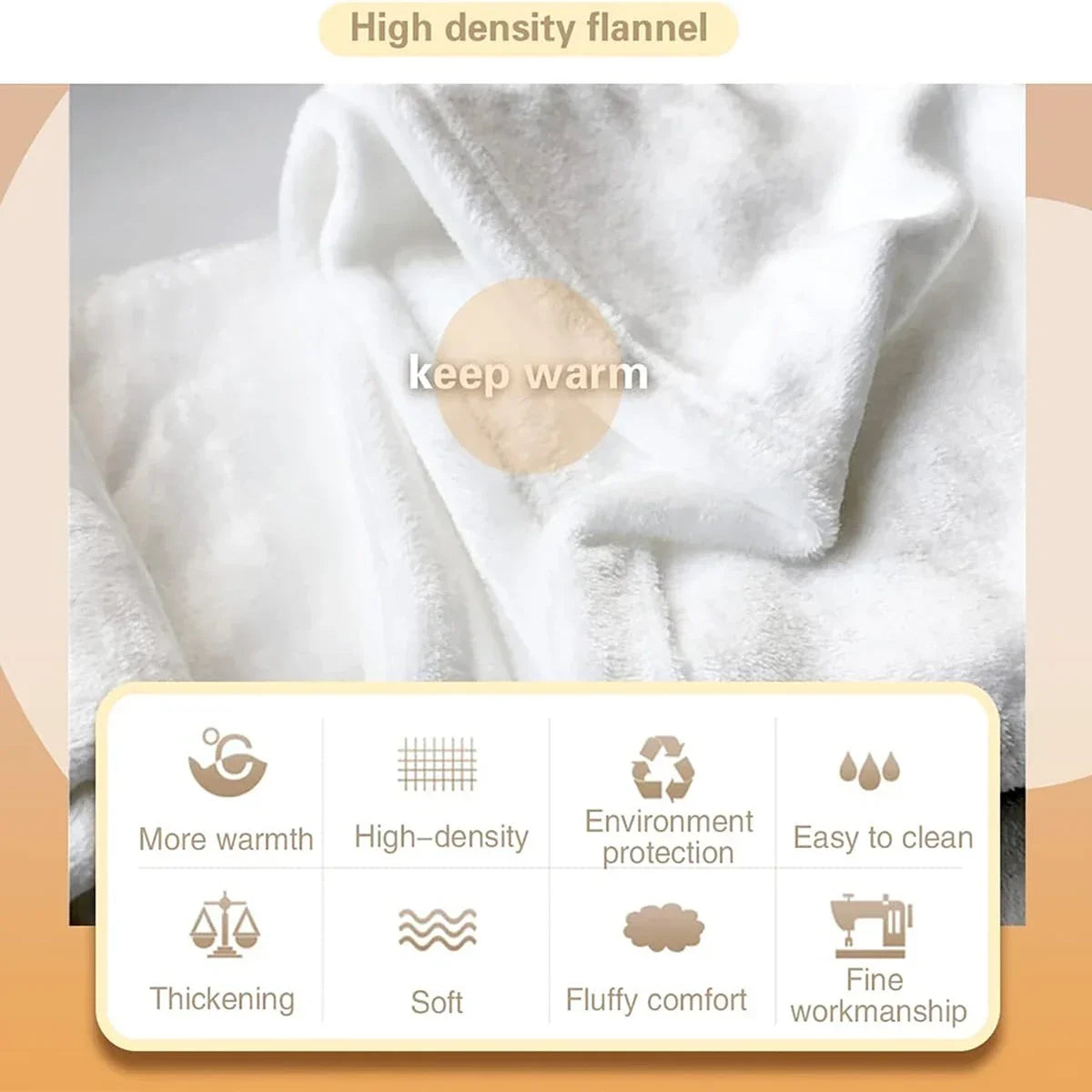A close-up of a white high density flannel throw blanket showing texture and features like warmth and softness.