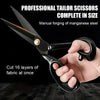 A pair of professional tailor scissors made of manganese steel with a black handle, demonstrating the ability to cut multiple