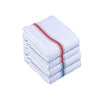 A stack of white kitchen cleaning cloths with red and blue stripes.