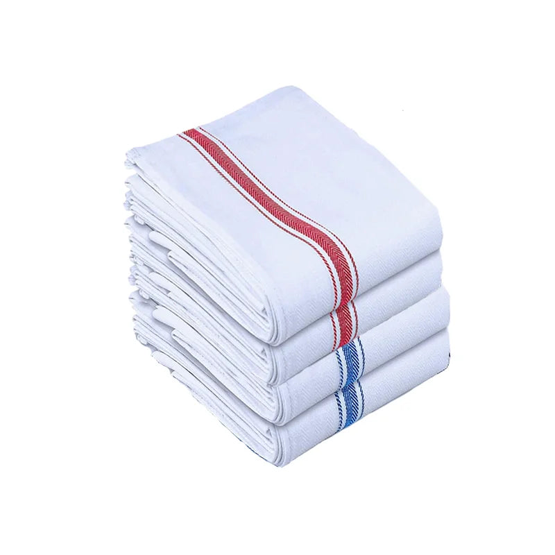 A stack of white kitchen cleaning cloths with red and blue stripes.
