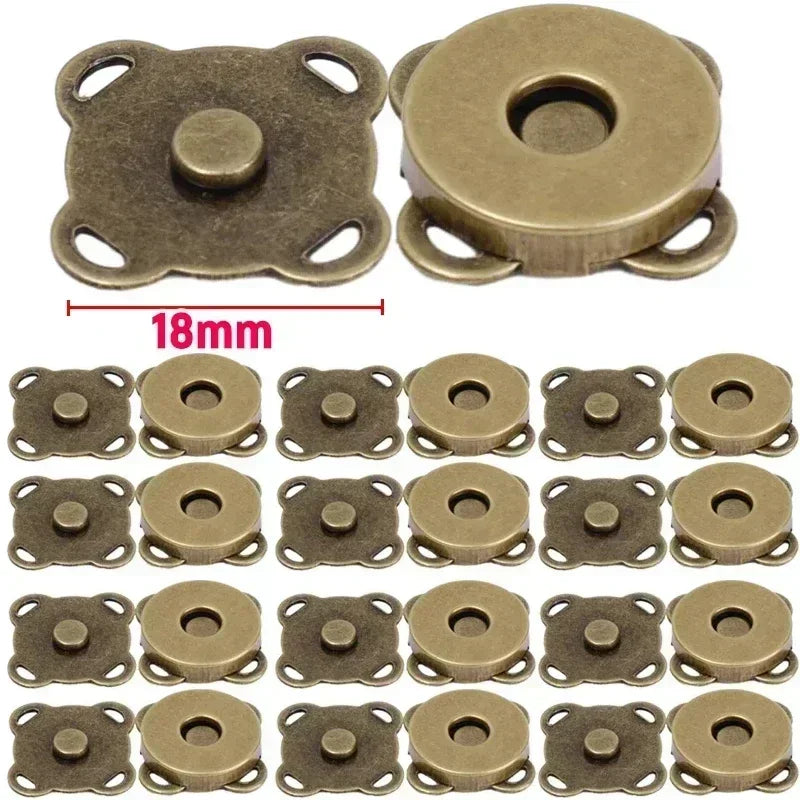 A collection of brass magnetic snap fasteners for bags, purses, and craft projects in various sizes.
