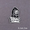 Black embroidered skull iron-on patch featuring a menacing face and the text I see me it's too late