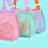 Three mesh beach bags for kids and collectors in pink, mint green, and light purple.