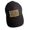 Black baseball cap featuring a gold embroidered patch with an American flag and a cross design