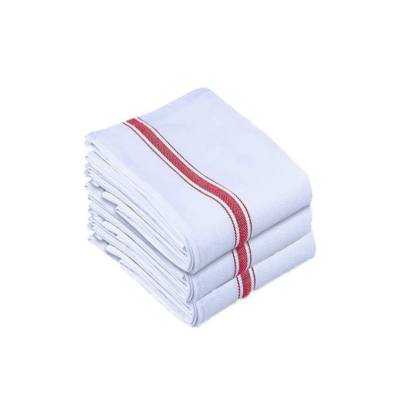 A stack of white kitchen cleaning cloths with red stripes.