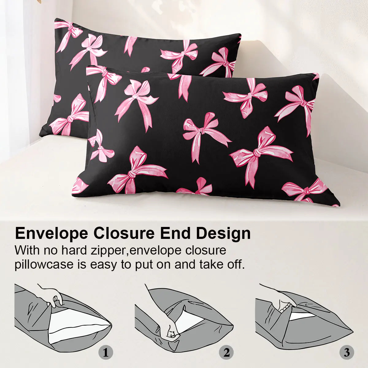 Black pillowcases with pink plaid bow print shown on a white surface.