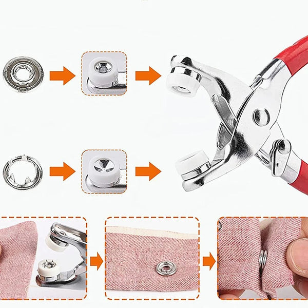 A precision snap button kit showing the components for DIY sewing and crafts, including a metal button and a fabric patch.