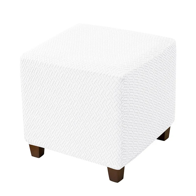 White woven jacquard stretch ottoman slipcover with wooden legs