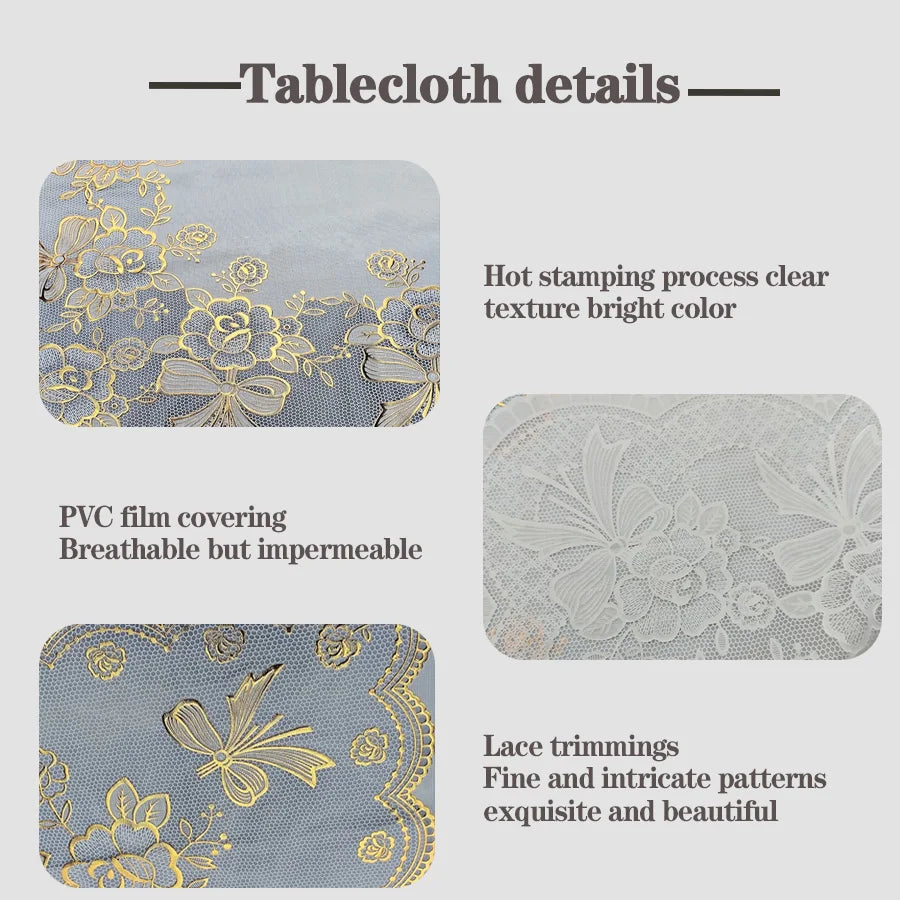 Details of a light blue tablecloth featuring gold floral stamping and lace trim.