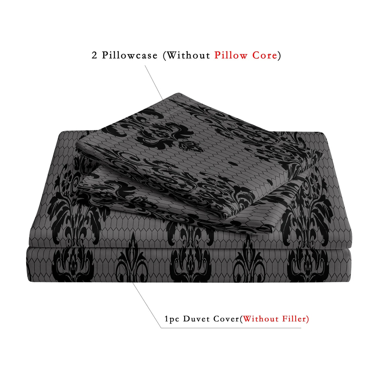 A set of two pillowcases and one duvet cover featuring a black and gray damascus pattern.