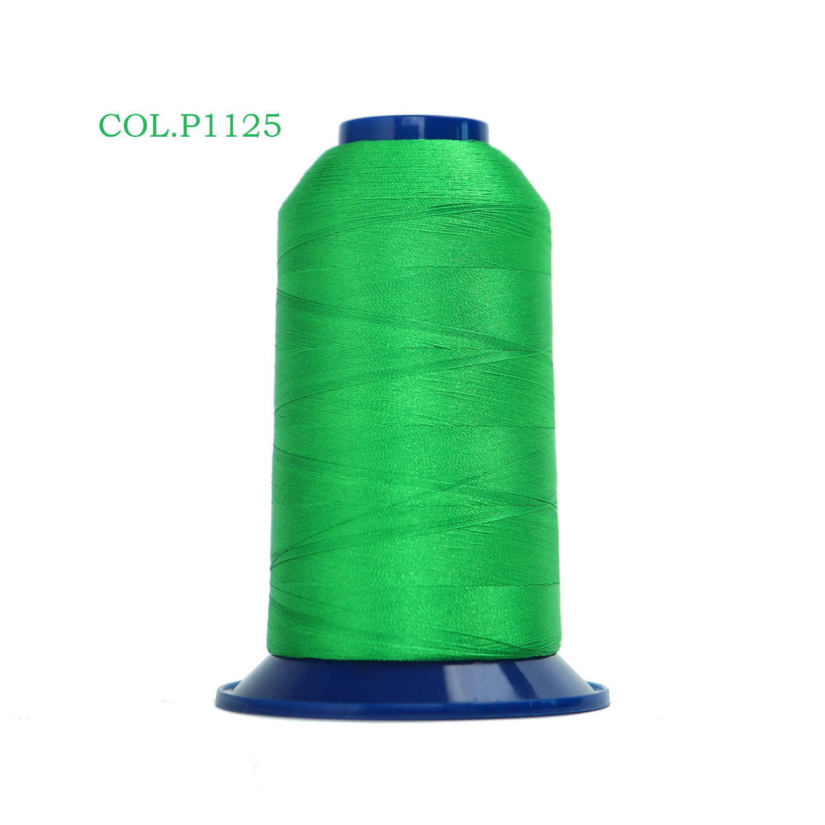 A spool of bright green high tenacity polyester embroidery thread labeled COL.P1125.