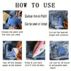Instructions showing how to use a Guokui Iron-on Patch, including choosing the color, cutting the shape, tearing off the rele