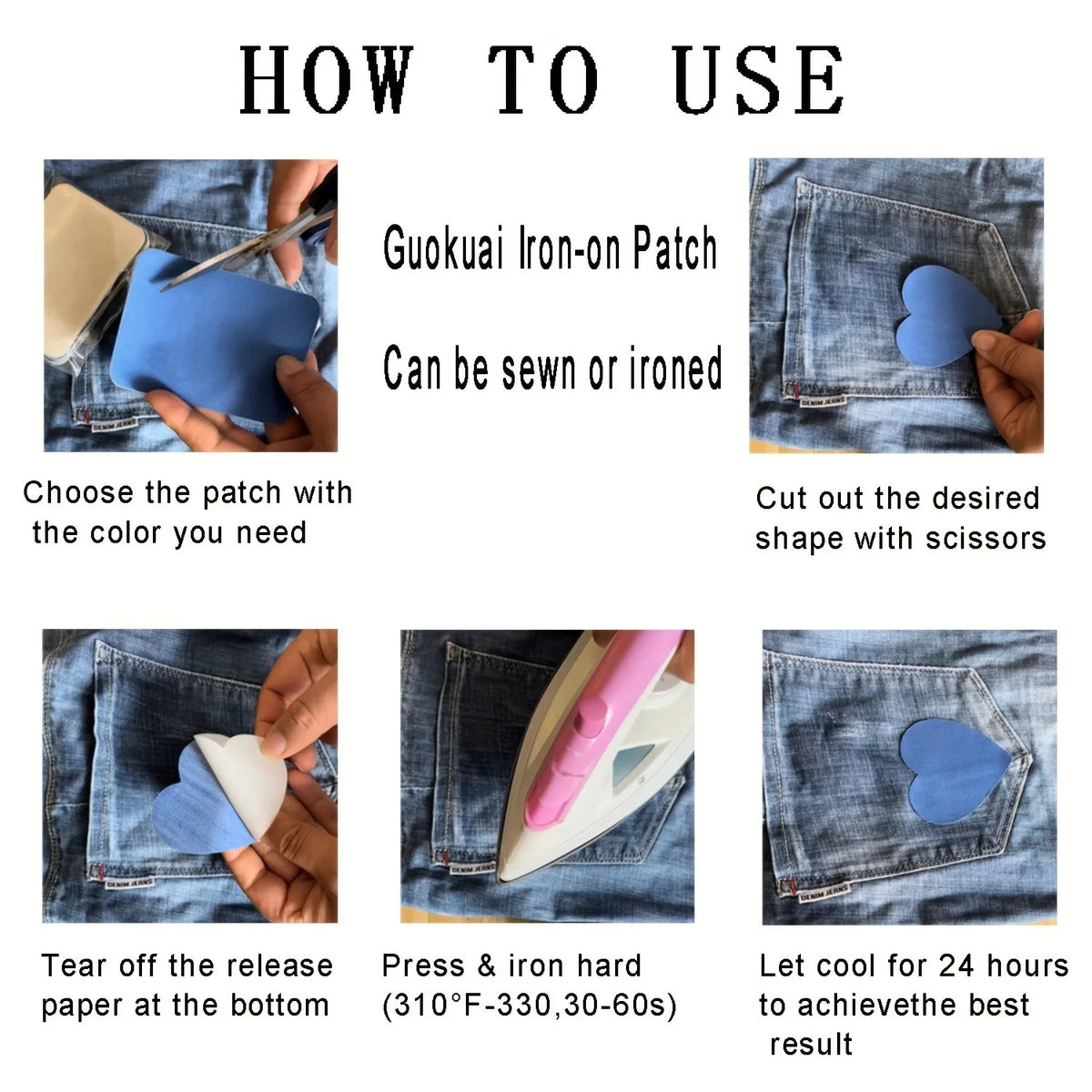 Instructions showing how to use a Guokui Iron-on Patch, including choosing the color, cutting the shape, tearing off the rele