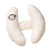 A white baby head and neck support pillow designed for use in strollers and car seats.