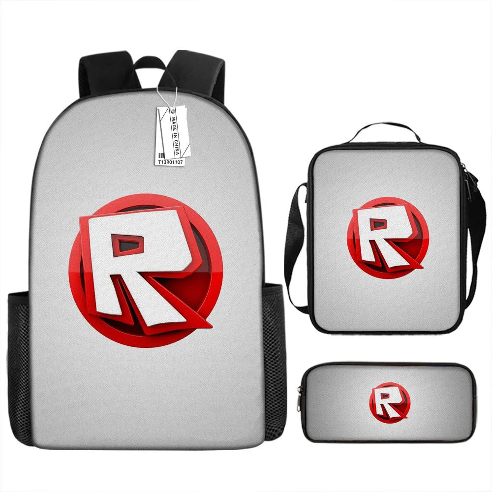 A gray backpack with a red letter R logo and a matching small pouch.