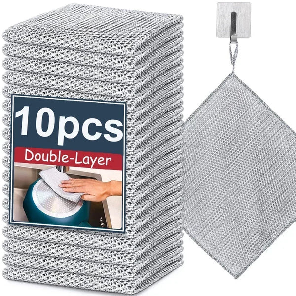 A stack of 10 pieces of double-layer metal scouring dish cloths with a hanging loop.