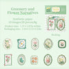 A collection of vintage botanical flower stickers and paper narratives for crafting projects.