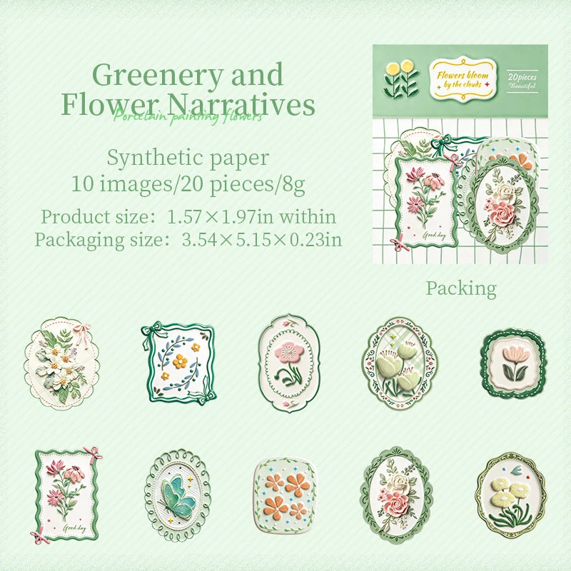 A collection of vintage botanical flower stickers and paper narratives for crafting projects.
