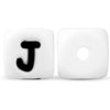 A white silicone alphabet bead shaped like the letter J, displayed against a white background.