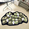 A black non-slip throw rug featuring a design of stacked US dollar bills.