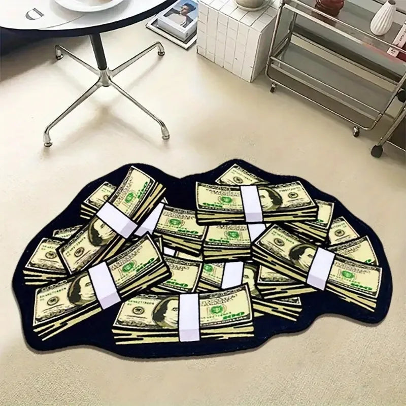 A black non-slip throw rug featuring a design of stacked US dollar bills.