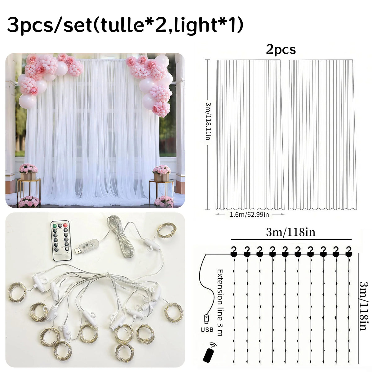 Set of three tulle backdrop curtains with light and various lengths shown alongside accessory lines