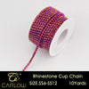 A roll of multi-color glass rhinestone cup chain with a pink and purple hue, measuring 10 yards.